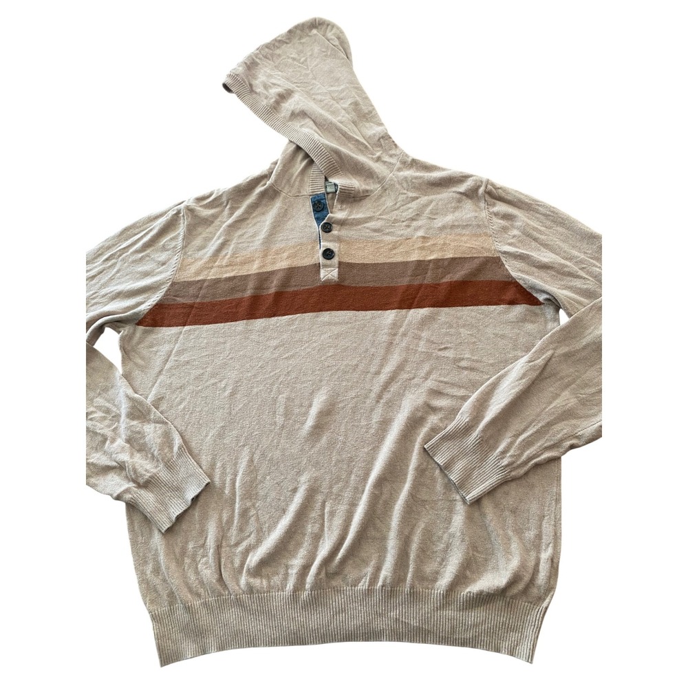 Hawker Rye Mens Cotton Cashmere Striped Henley Hoodie Sweater Tan MGS10304 XL